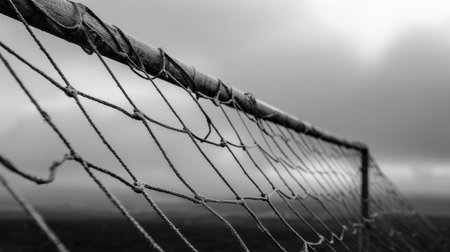 A close-up view of a weathered soccer goal net, featuring clouds gathering above a tranquil landscape, capturing the serenity of sport at dawn.の素材