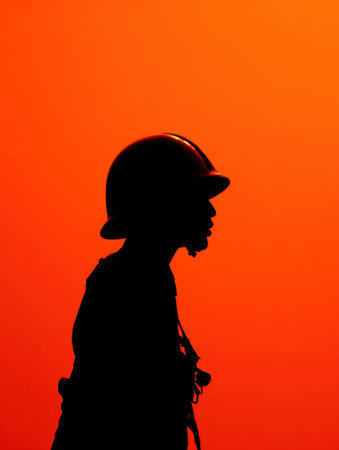 A soldiers silhouette stands prominently against a striking orange sunset, symbolizing strength and bravery in the twilight sky.の素材