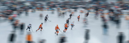 Fast-paced hockey action takes place on an outdoor rink as players in orange jerseys skate and compete against each other, with a lively crowd watching.の素材