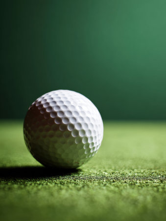 Close-up of a pristine white golf ball positioned on a vibrant green surface, illuminated by gentle lighting that highlights its texture.の素材