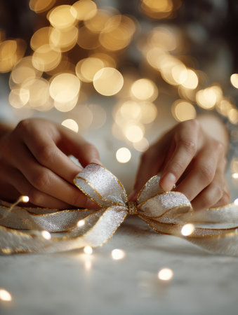 Holiday magic unfolds as hands skillfully tie a shimmering ribbon, surrounded by twinkling lights that set a warm and festive atmosphere for the celebration.の素材