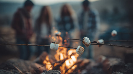 Friends gather around a campfire at dusk, roasting marshmallows on sticks while enjoying the warmth and companionship in a tranquil outdoor setting.の素材