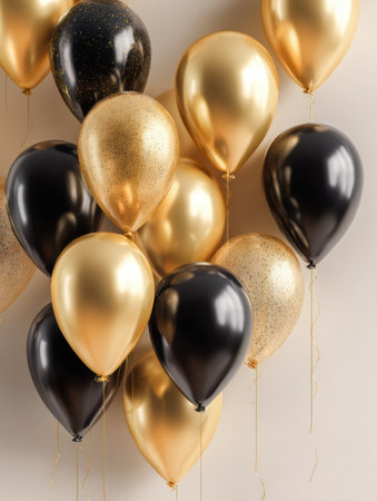 A vibrant collection of black and gold balloons is displayed, creating a festive atmosphere perfect for celebrations like parties or special events.の素材