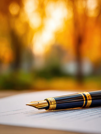A stylish fountain pen lies upon neatly arranged sheets of paper, surrounded by warm hues of autumn leaves in a serene outdoor setting during midday light.の素材