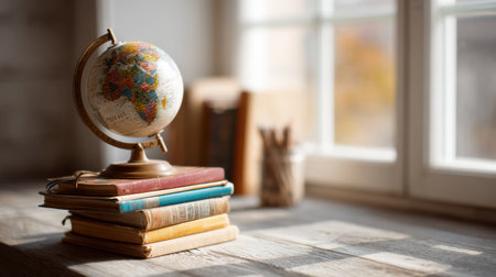 A globe sits atop a stack of colorful books on a rustic wooden table, illuminated by sunlight from a nearby window revealing a serene autumn landscape outside.の素材