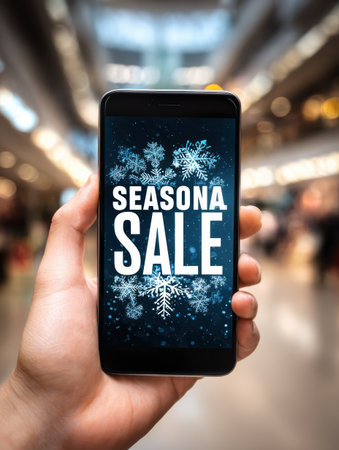 A person holds a smartphone that showcases a seasonal sale announcement with snowflakes in a vibrant shopping mall, bustling with holiday shoppers.の素材