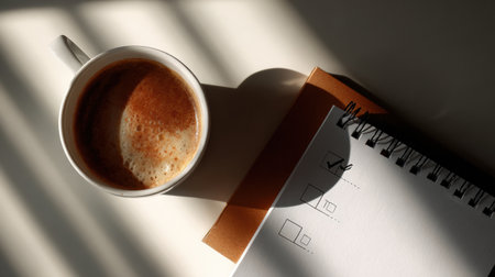 A warm cup of coffee rests next to a notepad filled with sketches and notes, illuminated by soft sunlight casting stripes across the table.の素材