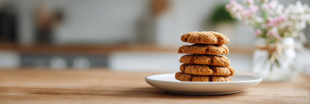A plate holds neatly stacked cookies, surrounded by a cozy kitchen environment featuring a small vase with flowers on a wooden table.の素材