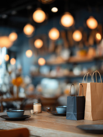 Tables set with bowls and bags create a welcoming environment in a cafe, highlighted by soft, glowing lights in the evening.の素材