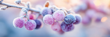 Beautiful clusters of berries are covered in frost, sparkling in the gentle morning light on a cold winter day among a serene outdoor landscape.の素材