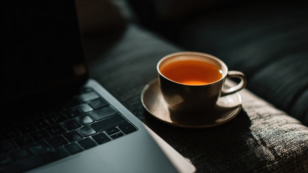 A warm cup of tea sits on a saucer next to a laptop on a gray sofa, creating a relaxing atmosphere for working or enjoying leisure time at home.の素材