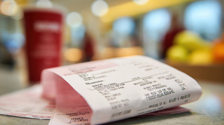 Customer receives a detailed receipt after ordering coffee and snacks in a busy cafの素材
