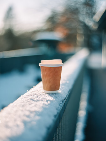 A brown paper coffee cup sits on a snow-covered railing, capturing the contrast of warmth in a cold winter morning atmosphere near trees.の素材