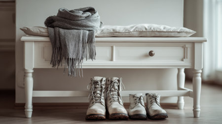 Boots and shoes with a gray scarf placed neatly on a white bench, creating a warm and inviting atmosphere in a well-lit indoor space.の素材