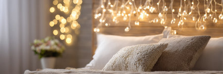 Soft pillows adorn a neatly made bed, while warm fairy lights hang above, creating a cozy atmosphere perfect for relaxation in the evening.の素材