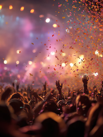 Colorful confetti cascades over a spirited crowd with raised hands, enjoying a nighttime concert filled with lights and energy.の素材