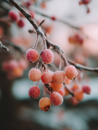 Frosty fruits in shades of pink and orange clinging to branches against a soft, blurred background, capturing the beauty of winter in a tranquil orchard.の素材