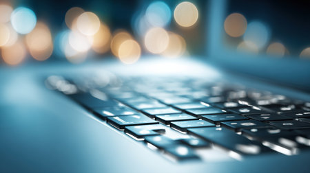 Detailed view of a laptop keyboard showcasing the sleek design and illuminated keys, complemented by blurred lights in a cozy workspace during the evening.の素材