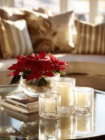 A charming arrangement includes a poinsettia plant and candles on a glass table, illuminated by soft afternoon sunlight in a cozy living room.の素材