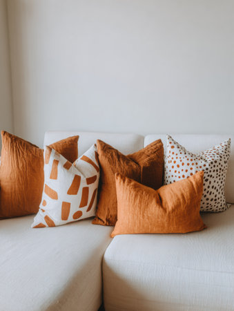 Decorative pillows in shades of orange and cream are styled on a modern couch, creating a warm and inviting atmosphere in a bright living room.の素材