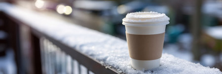 A coffee cup rests on a snowy railing, surrounded by a serene winter environment, with soft morning light illuminating the scene.の素材