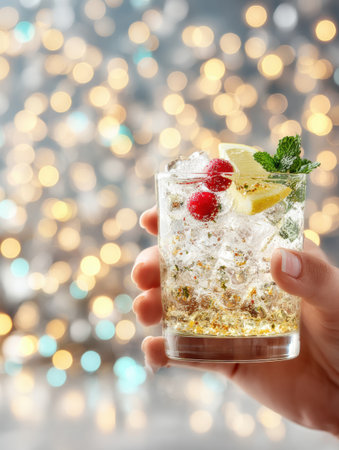 A well-crafted cocktail featuring mint, berries, and ice is held in a hand, set against a backdrop of soft, colorful bokeh lights.の素材