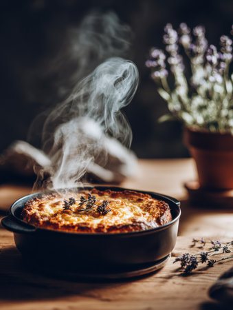 A steaming baked dish garnished with herbs sits on a wooden table surrounded by a potted plant, creating a warm and inviting atmosphere in the kitchen.の素材