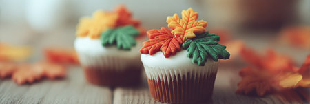 Fall-inspired cupcakes adorned with vibrant leaf decorations sit on a rustic wooden surface, creating a cozy seasonal atmosphere for autumn gatherings.の素材