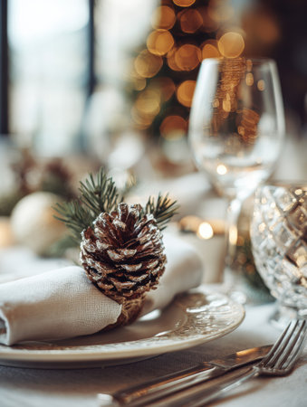 Beautifully arranged table setting features a pinecone decoration, delicate napkin, and elegant glassware, creating a cozy holiday atmosphere.の素材