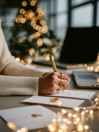 A person writes holiday cards with a pen at a stylish desk adorned with fairy lights and a Christmas tree in the background, creating a festive atmosphere.の素材