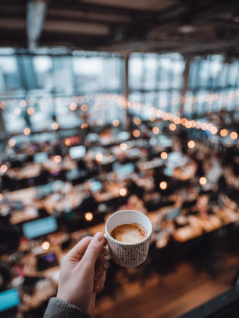 A hand holds a small coffee cup above a bustling modern workspace filled with laptops, soft lighting, and a vibrant atmosphere during late afternoon.の素材