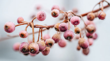 Frost-covered berries clinging to branches, showing natures beauty in a tranquil winter landscape as temperatures drop in the early morning light.の素材