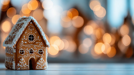 A detailed gingerbread house sits on a table, illuminated by shimmering bokeh lights, creating a warm, festive atmosphere perfect for winter celebrations.の素材