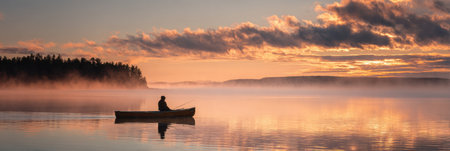 A lone fisherman paddles a canoe across a calm lake during sunrise while mist rises from the water and trees outline the shore against colorful skies.の素材