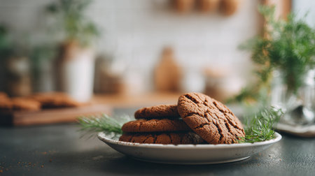 A plate of warm, freshly baked cookies sits on a table adorned with sprigs of greenery in a welcoming kitchen atmosphere filled with natural light.の素材