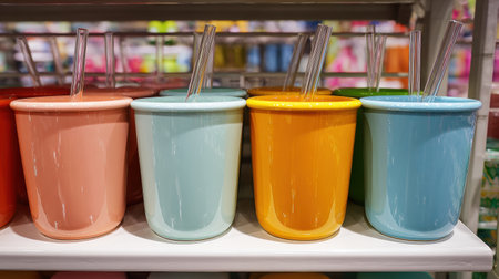 Brightly colored cups in pastel shades line a store shelf, showing their vibrant hues and clear straws ideal for refreshing summer beverages.の素材