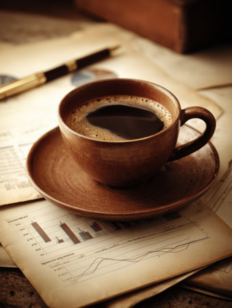 A brown coffee cup rests on top of business documents, including graphs and reports, creating an atmosphere conducive to focused work in the morning.の素材