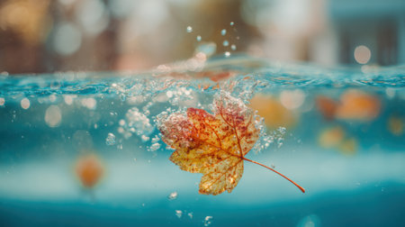 A vibrant orange and yellow leaf drifts gracefully in the water, surrounded by bubbles and reflecting sunlight in a warm afternoon ambiance.の素材