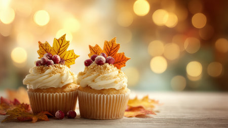Two vibrant cupcakes feature autumn leaves and berries, framed by soft, warm lighting and a blurred background, evoking a festive mood.の素材