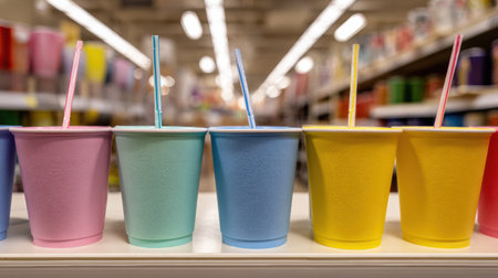 A lineup of colorful paper cups in pastel shades sits neatly on a shelf, perfect for parties, picnics, or casual gatherings with friends and family.の素材