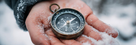 A hand holds a classic compass against a backdrop of fresh snow, indicating direction as winter exploration takes place in a serene environment.の素材