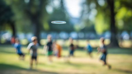 A group of children are joyfully playing catch with a frisbee in a spacious park filled with lush greenery on a sunny afternoon.の素材