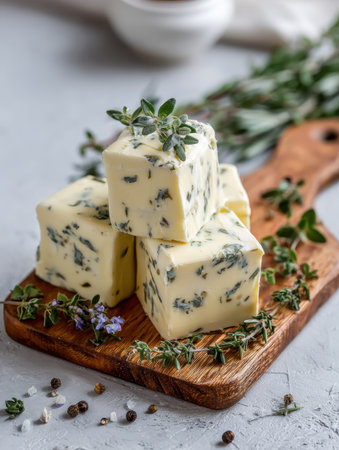Cubes of creamy herb butter are presented on a wooden cutting board, accented with fresh thyme sprigs and scattered spices for flavor.の素材