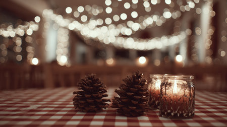 A warm and inviting restaurant table features pine cones and lit candles, enhancing the festive atmosphere with twinkling lights in the background.の素材