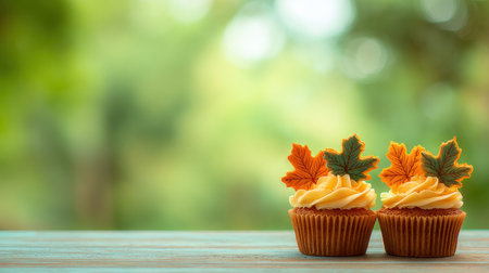 Two beautifully decorated autumn cupcakes with leaf toppers sit on a wooden table surrounded by a serene outdoor backdrop filled with greenery.の素材