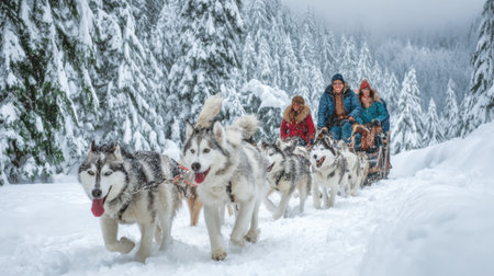 A group of friends enjoys a thrilling sled dog ride through a snow-covered forest, surrounded by tall evergreen trees under a soft snowfall.の素材