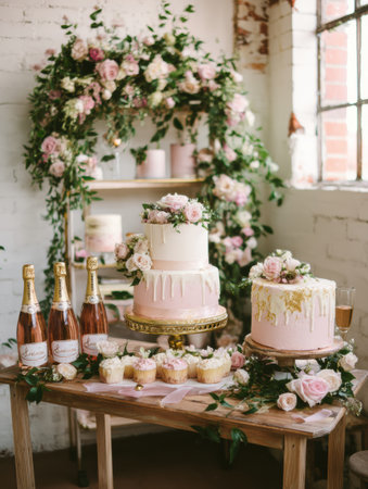 A stunning display of pink cakes and cupcakes adorned with fresh flowers awaits guests in a bright venue, perfectly set for a festive occasion.の素材