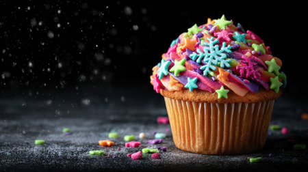A delicious cupcake topped with vibrant icing and playful sprinkles, set against a dark backdrop with scattered decorations creating a joyful atmosphere.の素材