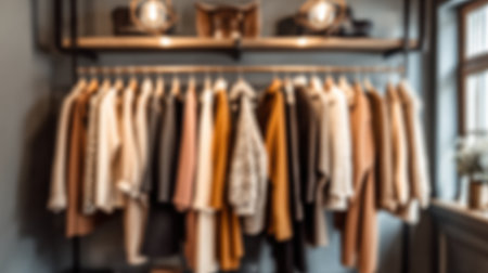 A charming boutique features an array of fashionable garments hanging on clothing racks, illuminated by soft natural light from nearby windows.の素材