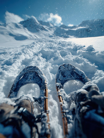 Adventurers explore a snowy mountain trail wearing snowshoes under bright sunlight with majestic peaks visible in the distance.の素材